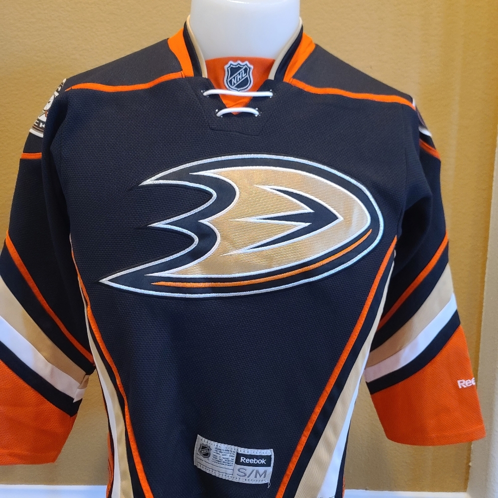 Youth SM/M Reebok Black and Orange Anaheim Ducks Hockey Jersey